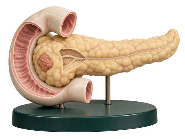 Pankreas ve duodenum ilişkisini gösteren temsili üç boyutlu model.
