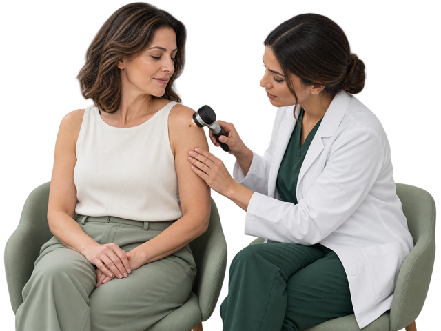 Omzundaki ben dermatoskopla incelenen yetişkin kadın ve dermatolog.