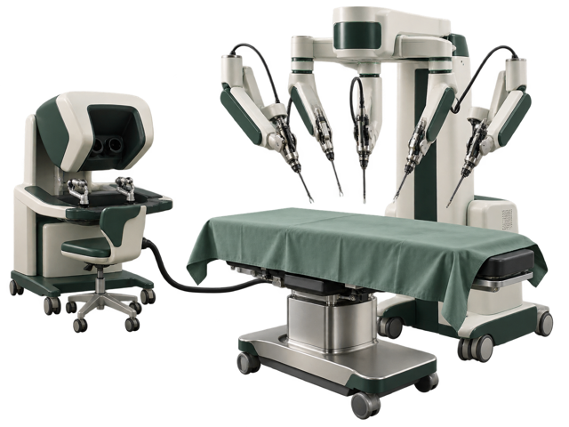 Boş ameliyat masası yanında temsili robotik cerrahi sistemi.