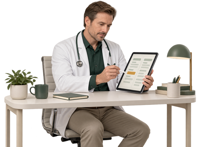 Not taslağını tablet ve kalemle inceleyen hekim.