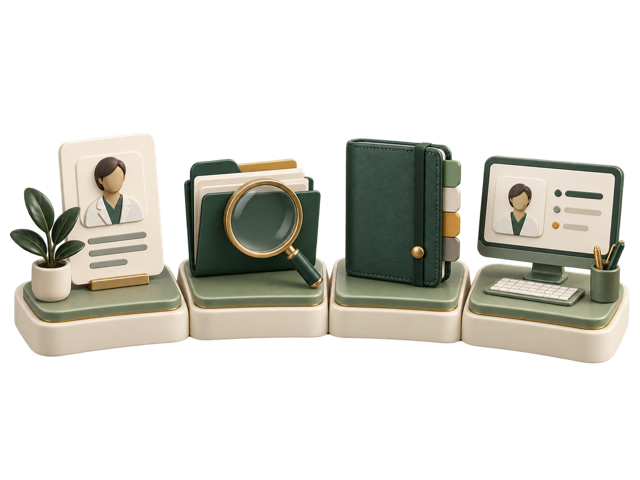Dört aşamalı kayıt ve profil yayın sürecini temsil eden küçük nesneler.