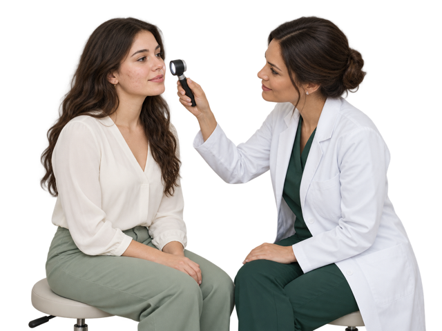 Yüzündeki akne dermatolog tarafından değerlendirilen genç yetişkin kadın.
