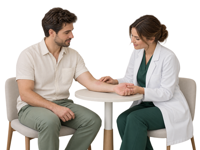 Ön kolundaki cilt hassasiyeti dermatolog tarafından incelenen erkek.